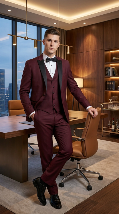Men’s Burgundy Wine Tuxedo Suit with Black Peak Lapel, Jacket and Pants Formal Dinner Suit