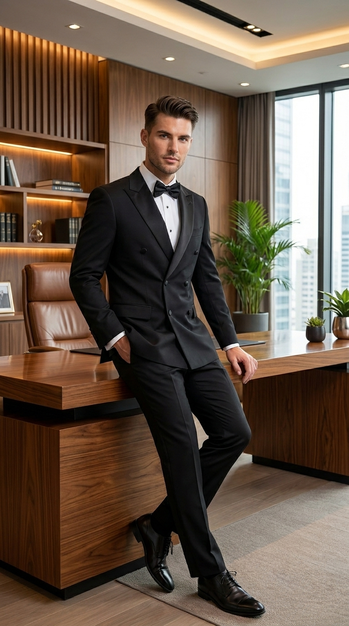 Men’s Black Double Breasted Tuxedo with Super 150s Style, Designer Formal Wedding Dinner Suit