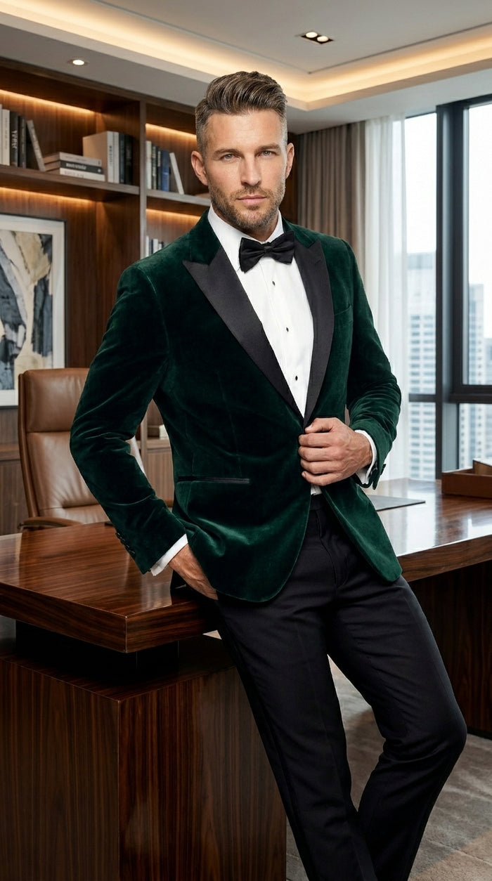 Men’s Olive Hunter Green Velvet Tuxedo Jacket with Black Satin Lapel, Formal Wedding Dinner Blazer