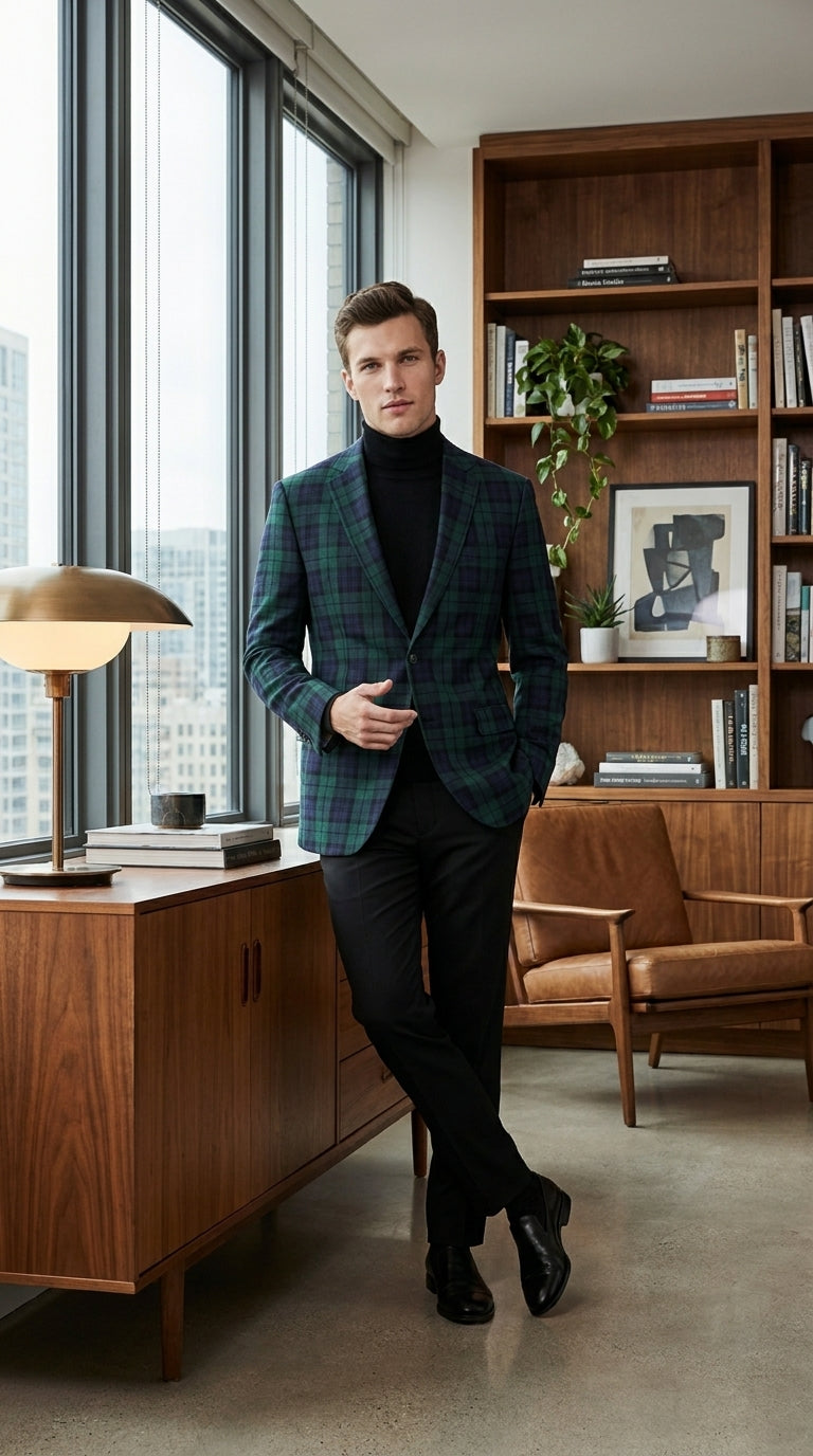 Men’s Green Tartan Plaid Dinner Jacket with Notch Lapel, Formal Sportcoat Blazer