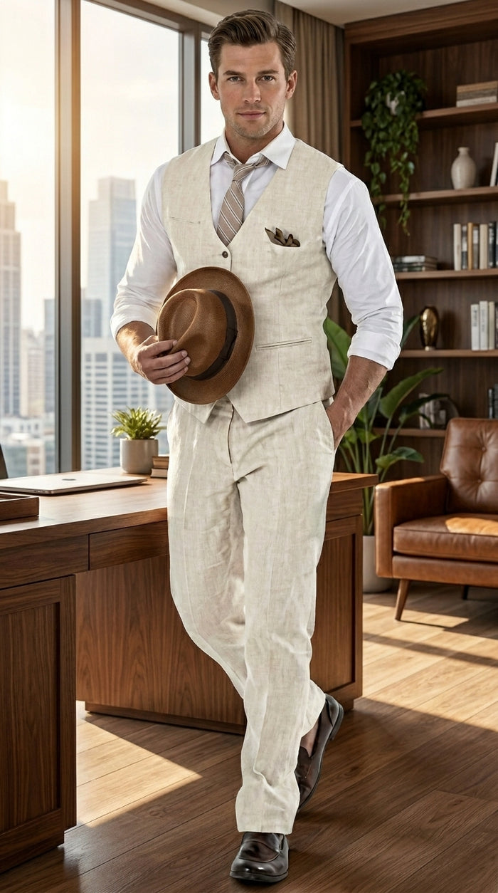 Men’s Beige Groomsmen Summer Vest and Pants Set, Beach Wedding Prom Formal Outfit