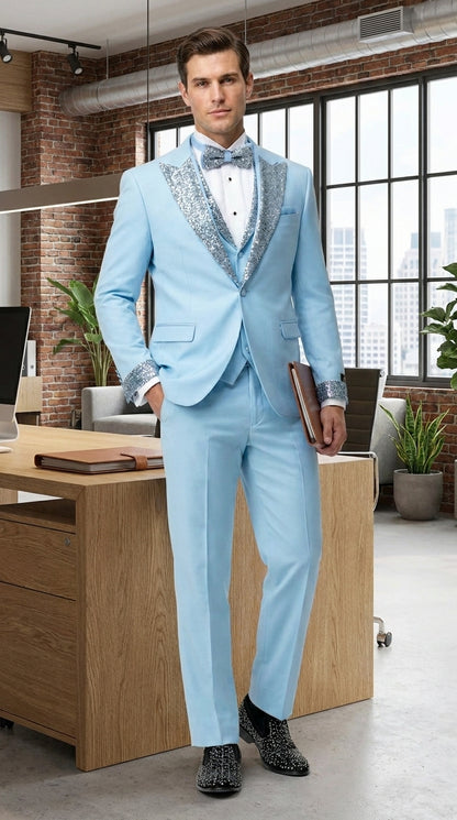 Men’s Baby Blue Prom Tuxedo with Vested Suit, Rhinestone Sequin Lapel and Matching Pants