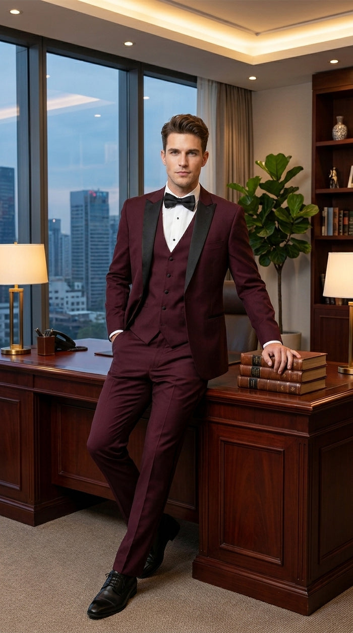 Men’s Burgundy Vested Wedding Tuxedo, One Button Jacket with Black Peak Lapel and Matching Pants