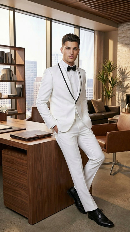 Men’s Waverly White 1 Button Shawl Tuxedo Jacket with Black Trim, Ike Evening Formal Blazer