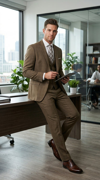 Men’s Taupe Tan Coffee Windowpane Plaid 3 Piece Suit, Two Button Vested Wedding Business Suit Set