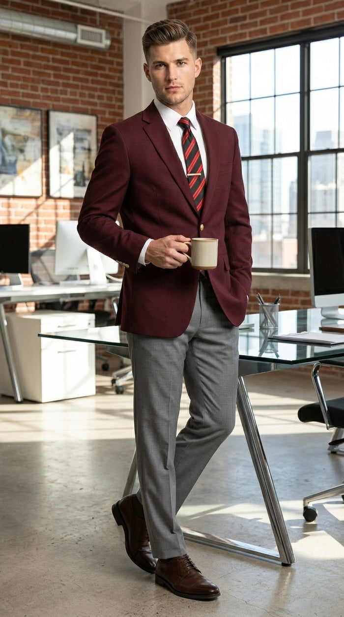 Men’s Burgundy Maroon Wine 2 Button Blazer, Classic Business Casual Wedding Sport Coat Jacket