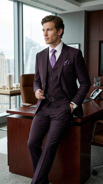 Men’s Very Dark Purple Plum Eggplant 3 Piece Suit, Classic Vested 2 Button Wedding Business Suit Set