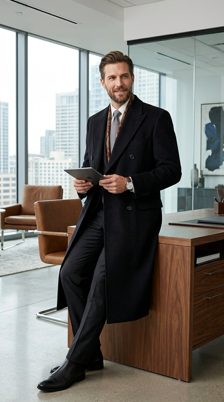 Men’s Black Six Button Fully Lined Overcoat, Long Winter Topcoat for Formal Business Wear