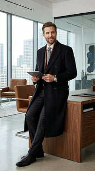 Men’s Black Six Button Fully Lined Overcoat, Long Winter Topcoat for Formal Business Wear
