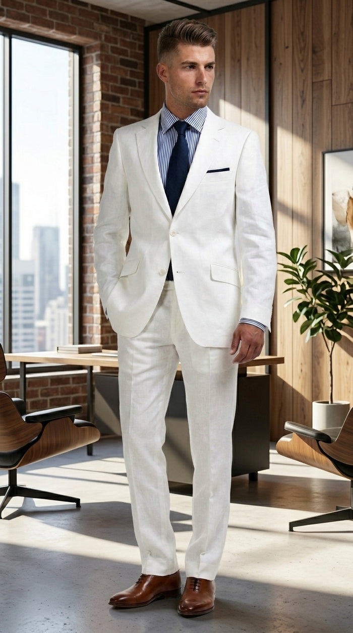 Men’s White Lightweight Linen 2 Button Suit, Formal Wedding Beach Summer Suit Set Modern Fit