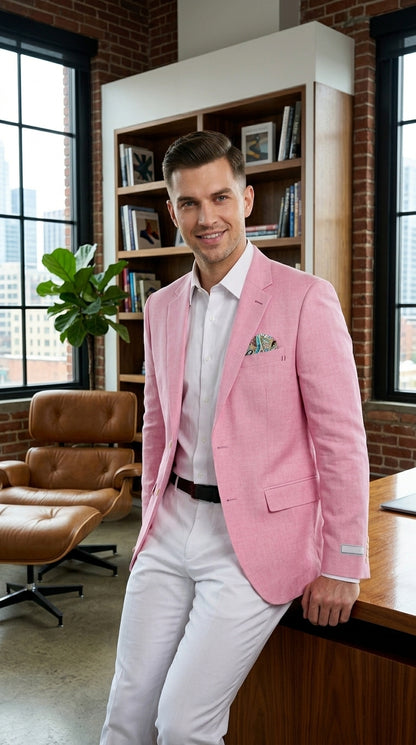 Men’s Pink Lightweight Easter Suit, Jacket and Pants Summer Wedding Prom Dress Suit Set