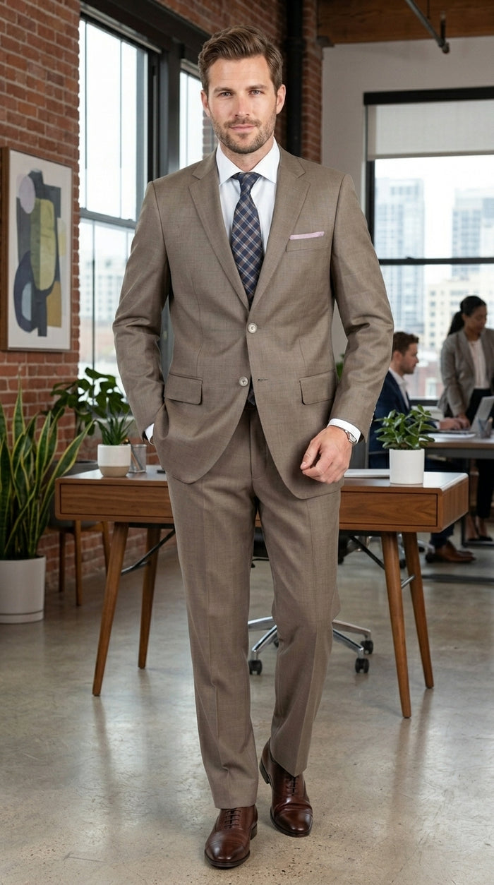 Men’s Taupe 2 Button Suit, Classic Business Wedding Church Formal Dress Suit Set