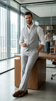 Men’s Light Grey Linen Vest and Pants Set, Beach Wedding Summer Formal Outfit