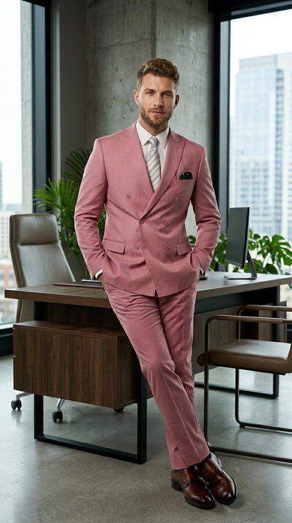 Men’s Blush Pink Double Breasted Easter Suit, Lightweight Summer Wedding Church Dress Suit Set Modern Fit