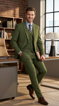 Men’s Olive Vested Suit, Classic Fit 3 Piece Flat Front Formal Wedding Business Suit Set