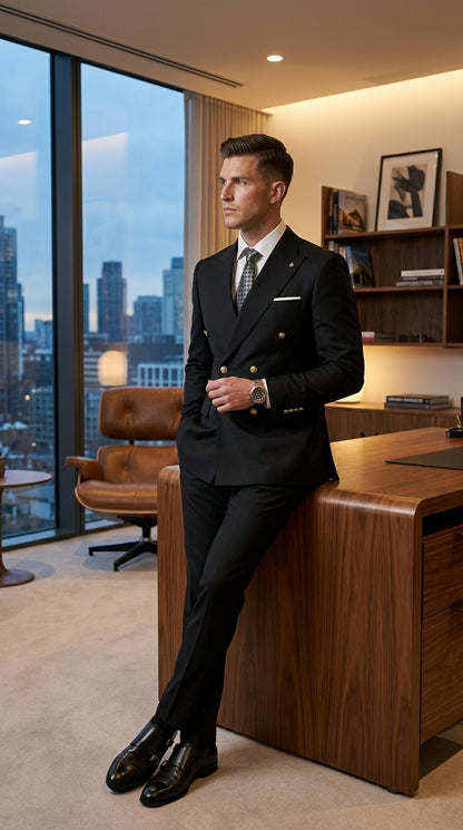 Men’s Black Double Breasted Wool Suit with Gold Buttons, Designer Formal Wedding Business Suit Set Modern Fit