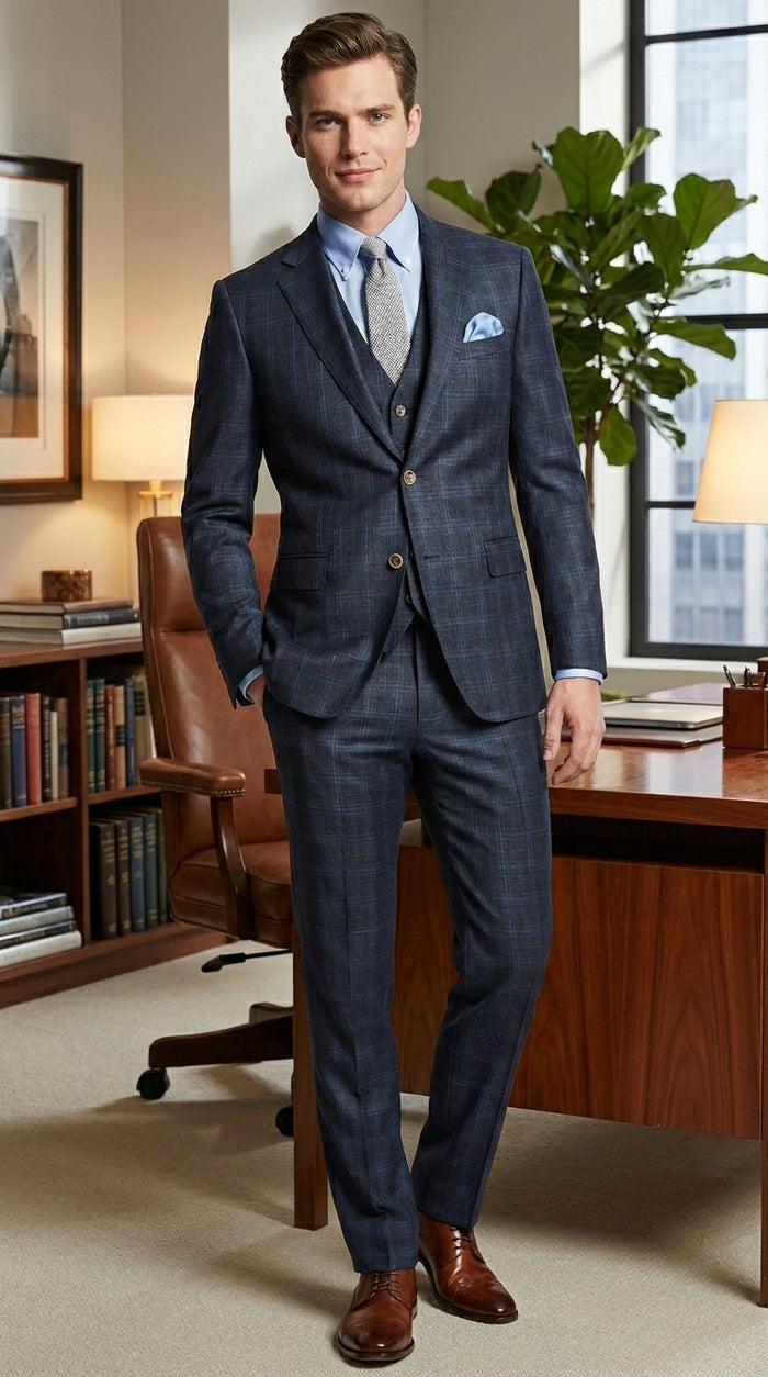 Men’s Charcoal Grey and Blue Plaid 3 Piece Vested Suit, Formal Wedding Business Dress Suit Set