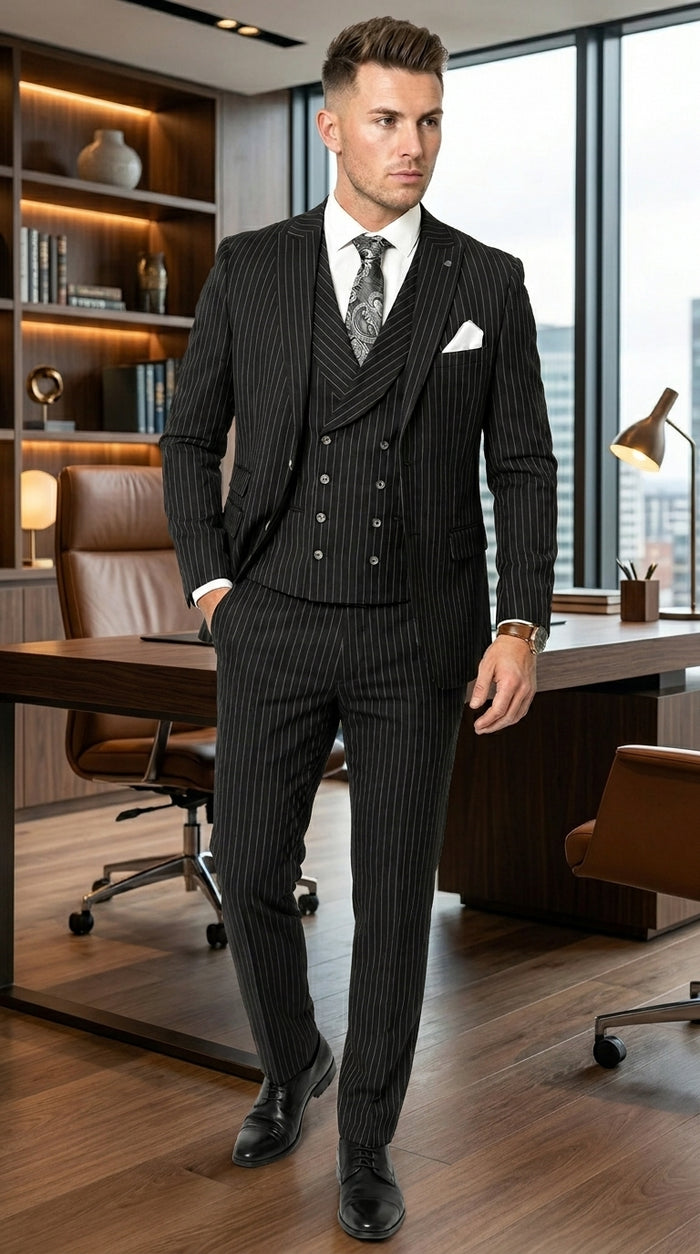 Mens Italian Wool Suit Color Black - Men's Designer Wool Pleated Pant Vested Black Gangster Pinstripe Suit