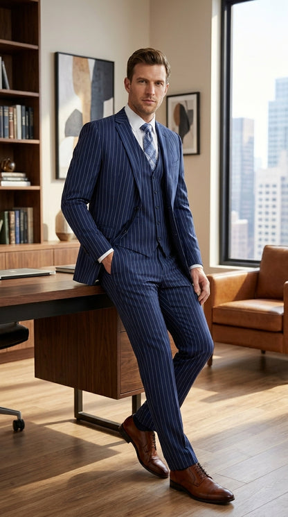 Men’s Teal Indigo Bright Blue Cobalt Pinstripe 3 Piece Suit, Formal Wedding Business Dress Suit Modern Fit