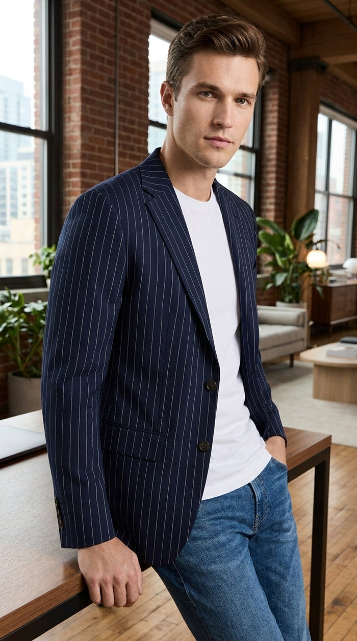 Men’s Navy Blue Chalk Pinstripe Blazer Sport Coat – 1920s Gangster Style Dress Jacket