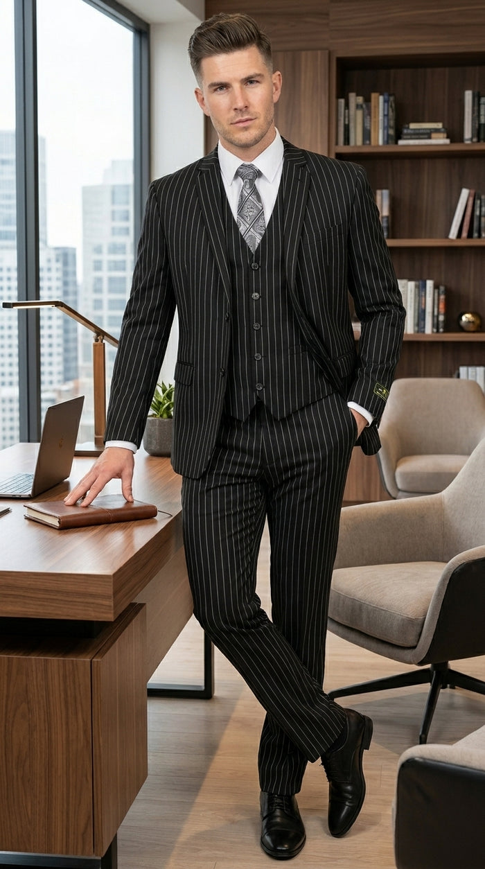 Men’s Jet Liquid Black Suit with White Pinstripes, 2 Button Vested Formal Dress Suit Modern Fit