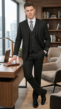 Men’s Jet Liquid Black Suit with White Pinstripes, 2 Button Vested Formal Dress Suit