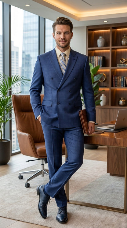 Vinci Men’s Blue Double Breasted Glen Plaid 2 Piece Suit, Formal Wedding Business Dress Suit Modern Fit