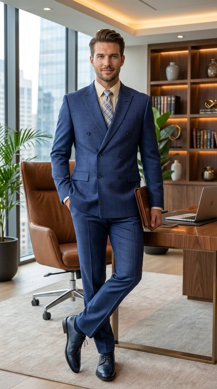 Vinci Men’s Blue Double Breasted Glen Plaid 2 Piece Suit, Formal Wedding Business Dress Suit Modern Fit