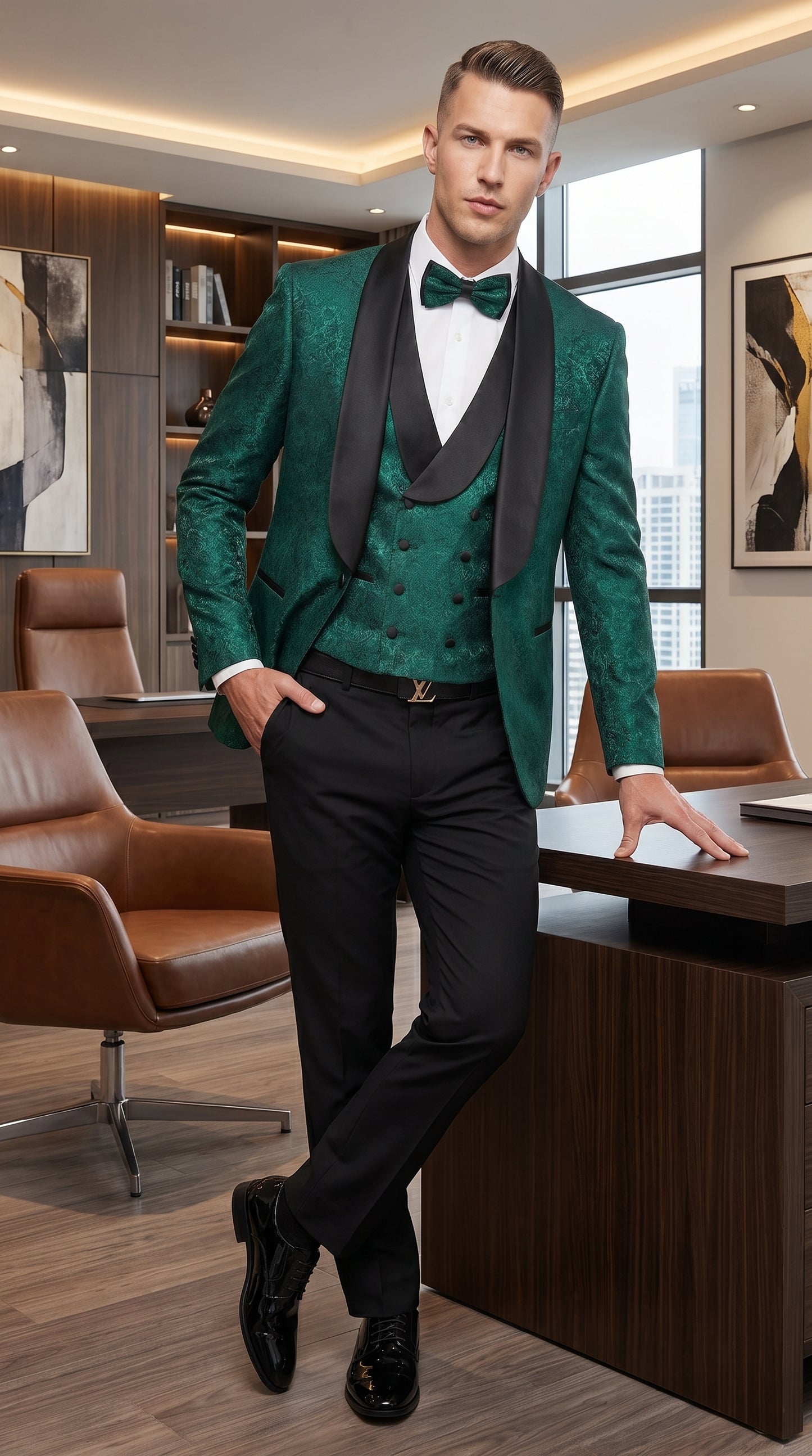 Men’s Hunter Green Textured Pattern  Suit with Black Shawl Lapel, Formal Wedding Prom Suit Modern Fit