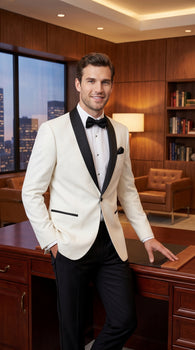 Men’s Ivory Wedding Suit with Black Satin Lapels – Groom Formal Suit Jacket and Pants