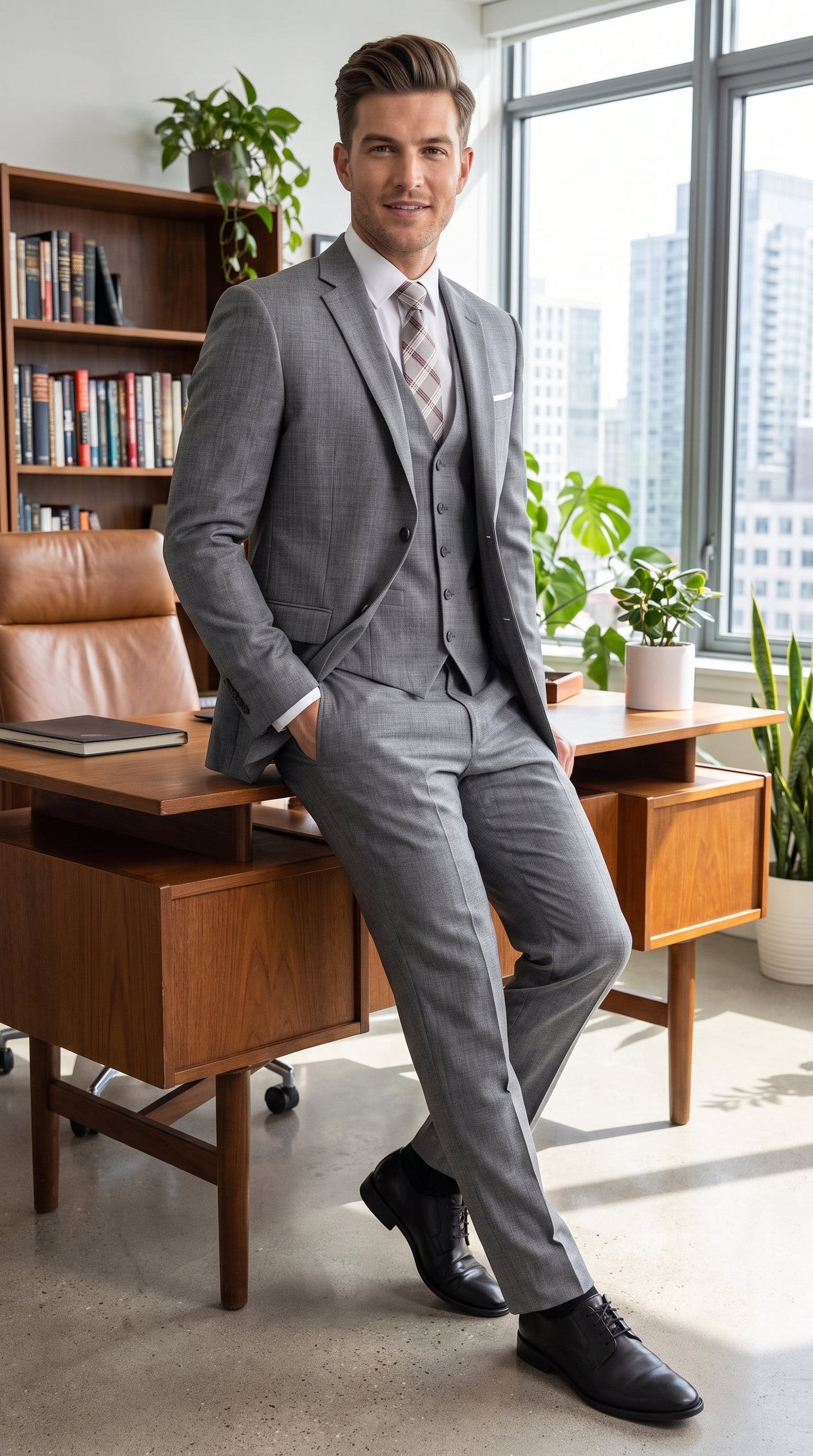 Men’s Charcoal Grey Windowpane Plaid 3 Piece Suit, 2 Button Vested Formal Dress Suit