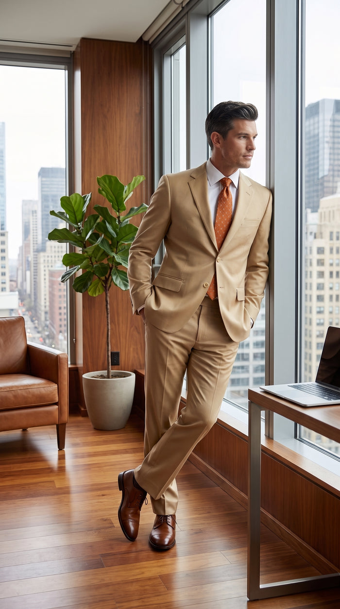 Men’s Bronze Camel Khaki Portly Suit, 2 Button Executive Fit Formal Dress Suit
