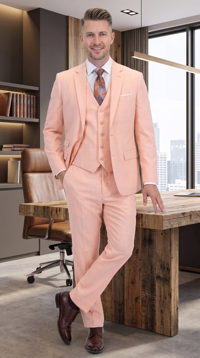 Men’s Peach Light Orange Blush 3 Piece Summer Suit with 2 Button Jacket and Ticket Pocket