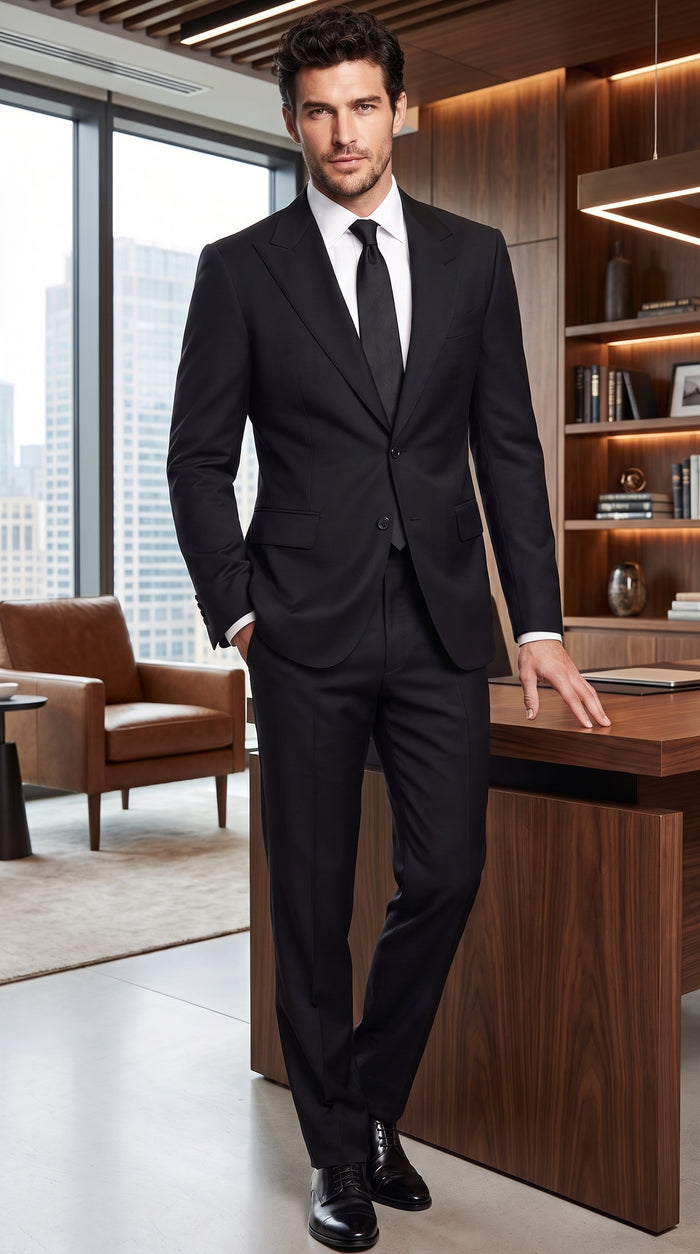 Men’s Black Peak Lapel Suit, Formal Wedding Business Dress Suit