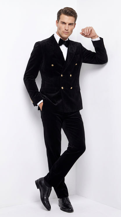 Men’s Rossi Man Zeus Black Velvet Double Breasted Tuxedo Suit, Formal Wedding Prom Dinner Suit Set