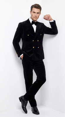 Men’s Rossi Man Zeus Black Velvet Double Breasted Tuxedo Suit, Formal Wedding Prom Dinner Suit Set