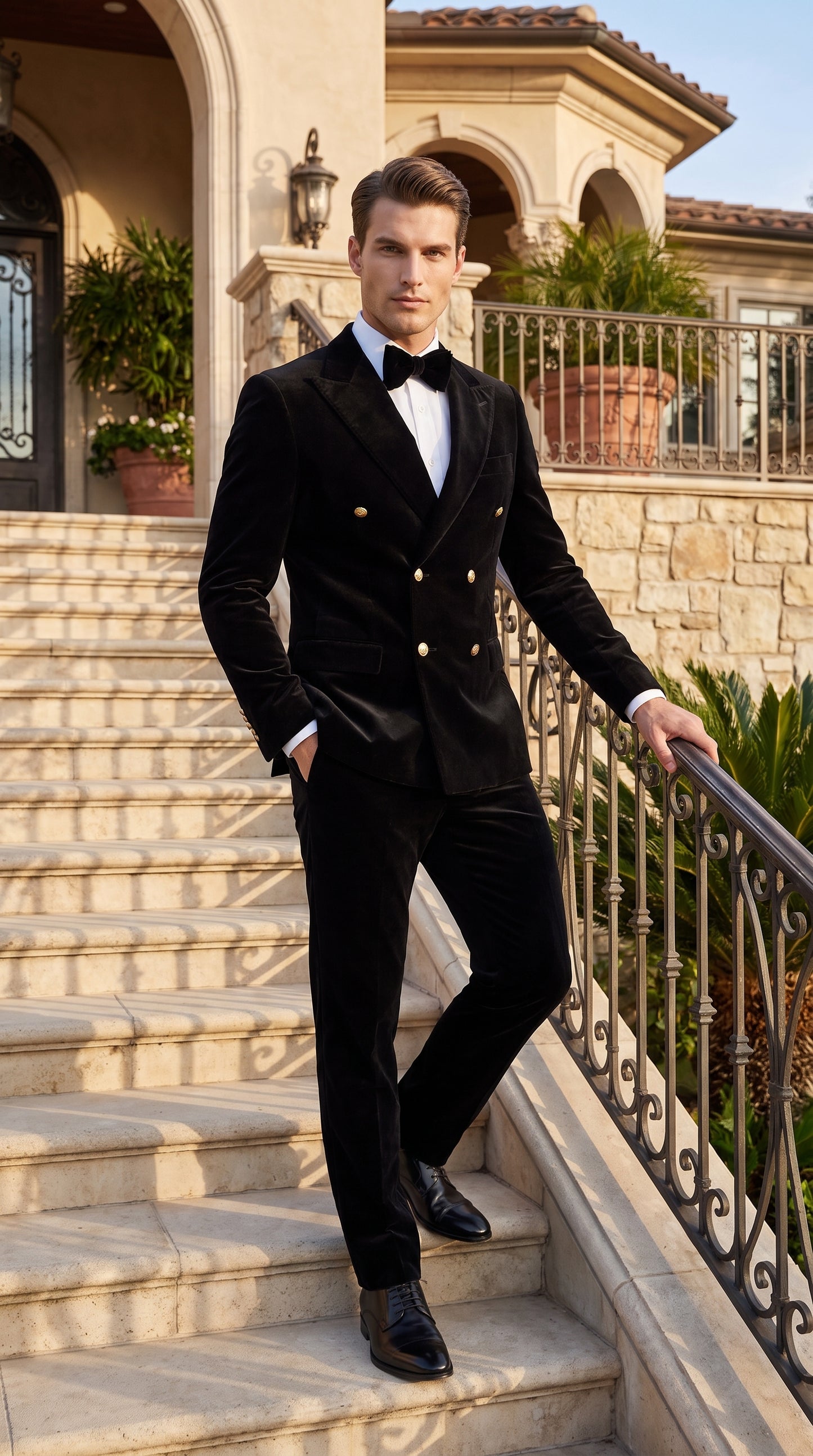 Men’s Rossi Man Zeus Black Velvet Double Breasted Tuxedo Suit, Formal Wedding Prom Dinner Suit Set