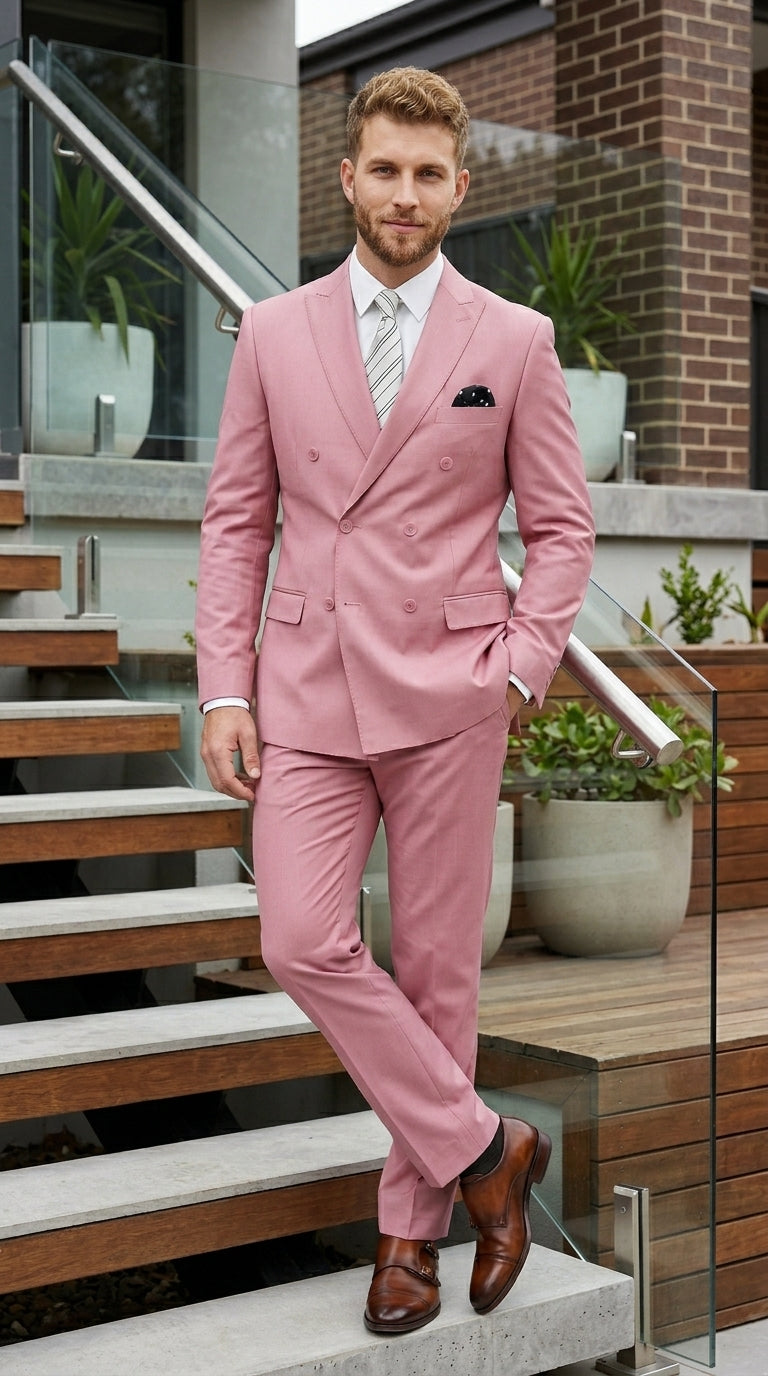 Men’s Blush Pink Double Breasted Easter Suit, Lightweight Summer Wedding Church Dress Suit Set Modern Fit