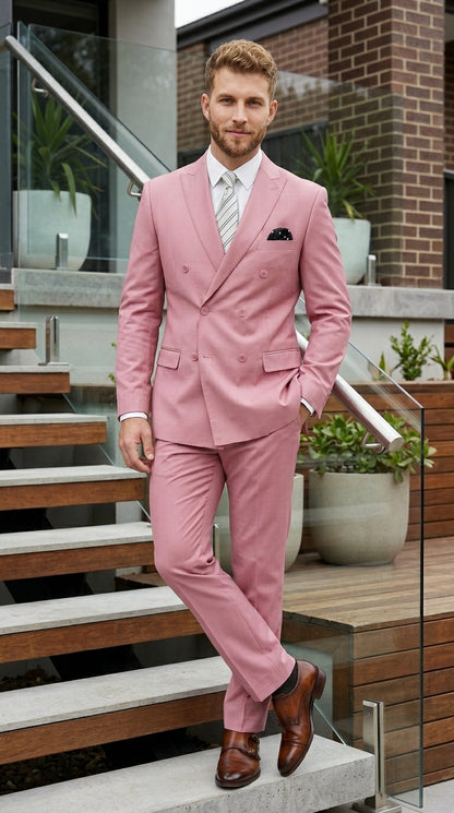 Men’s Blush Pink Double Breasted Easter Suit, Lightweight Summer Wedding Church Dress Suit Set Modern Fit