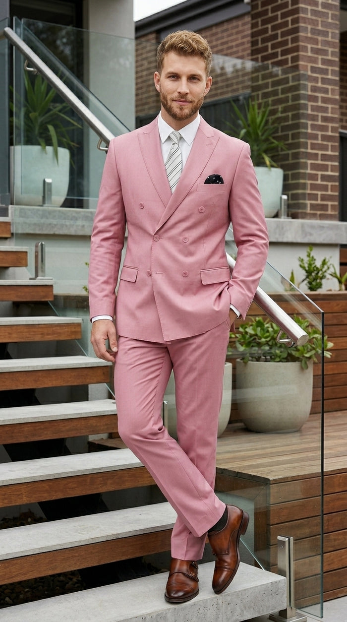 Men’s Blush Pink Double Breasted Easter Suit, Lightweight Summer Wedding Church Dress Suit Set Modern Fit