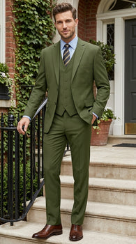 Men’s Olive Vested Suit, Classic Fit 3 Piece Flat Front Formal Wedding Business Suit Set