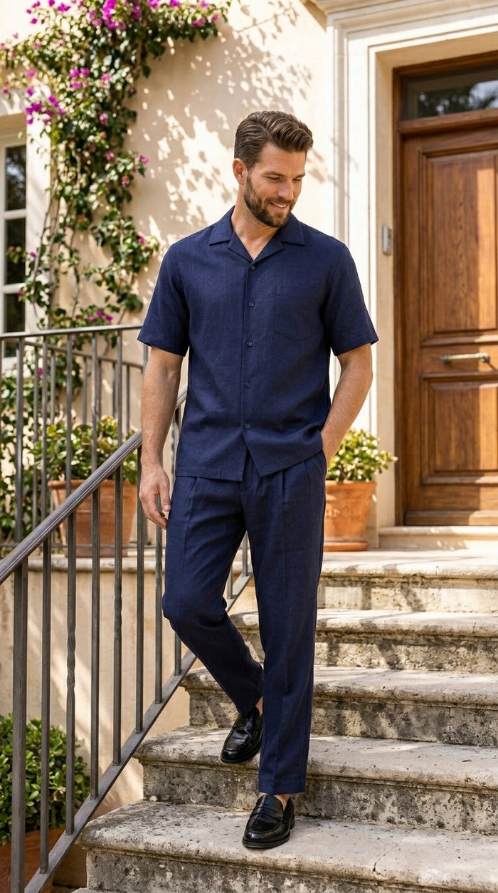 Men’s Dark Navy Linen Short Sleeve Walking Suit, Casual 2 Piece Shirt and Pleated Pants Set