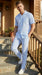 Men’s Blue Seersucker 2 Piece Walking Set, Short Sleeve Shirt and Pants Summer Outfit