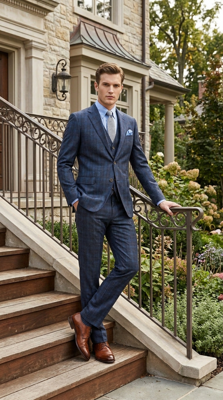 Men’s Charcoal Grey and Blue Plaid 3 Piece Vested Suit, Formal Wedding Business Dress Suit Set