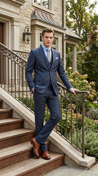 Men’s Charcoal Grey and Blue Plaid 3 Piece Vested Suit, Formal Wedding Business Dress Suit Set