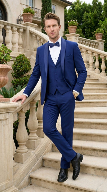 Men’s Bright Sapphire Blue 1 Button Shawl Lapel Vested Tuxedo, Formal Wedding Prom Dinner Suit Set