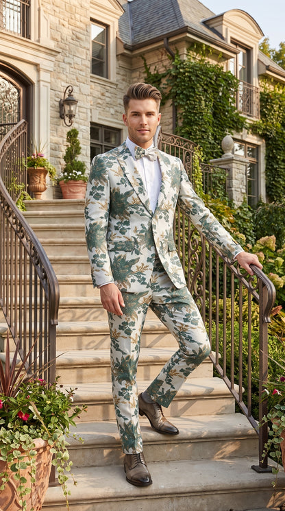 Men’s Green and Gold Floral Paisley Tuxedo Suit with Matching Bow Tie, Fancy Prom Wedding Formal Suit Set