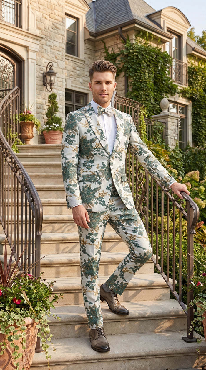 Men’s Green and Gold Floral Paisley Tuxedo Suit with Matching Bow Tie, Fancy Prom Wedding Formal Suit Set