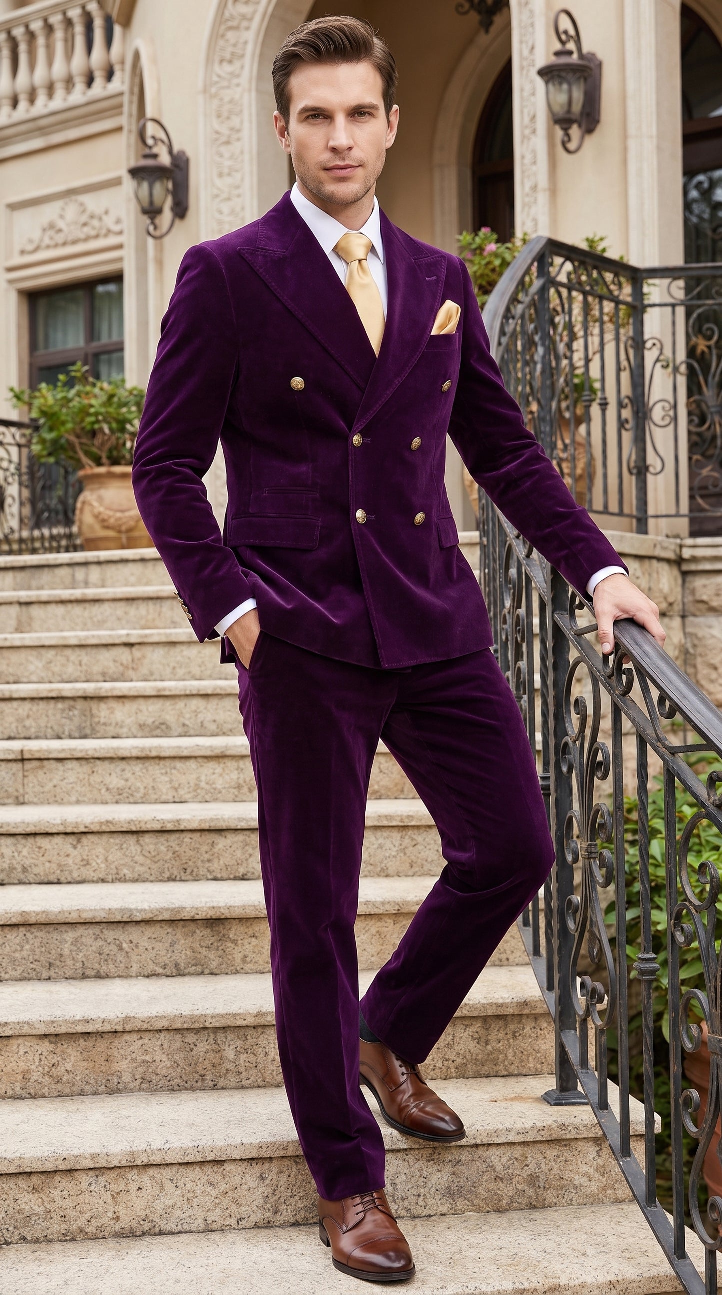 Men’s Rossi Man Zeus Purple Velvet Double Breasted Tuxedo Suit, Formal Wedding Prom Dinner Suit Set