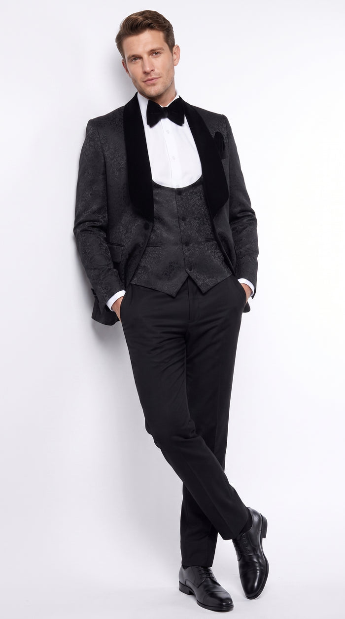 Rossi Man Men’s Black 3-Piece Tuxedo - Floral Jacquard Shawl Lapel Wedding and Prom Suit
